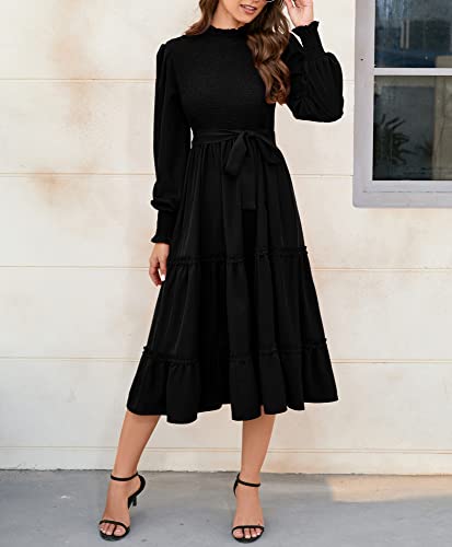 Kojooin Women's Ruffle Mock Neck Long Sleeve Smocked Midi Dress Casual Floral Print Elastic Waist Tiered Long Dress Black M #TOP2