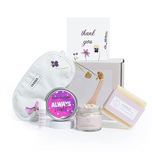 Lizush Luxury Spa Gift Basket And Self Care Gifts For Women With Lavender Candle, Soap Bar, Facial Mask, Lip Balm, Eye Mask, Door Hang Tag - Thank You - 6 Piece Set #TOP7