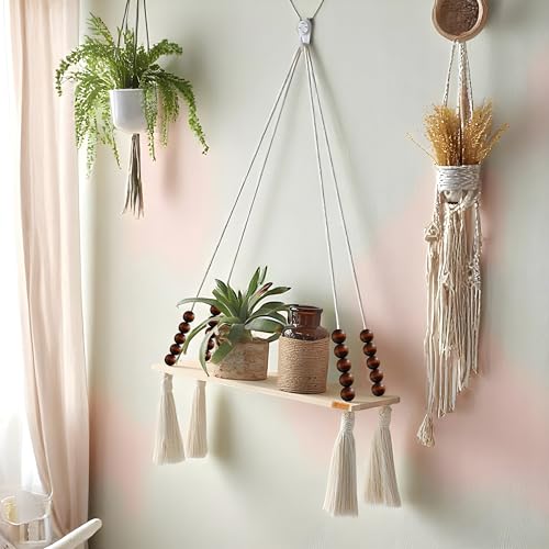 Image of Bohemian Macrame Hanging Wall Art Shelf - Rustic Wood Swing Decor with Beads & Tassels - Includes Adhesive Hook - Floating Plant Holder