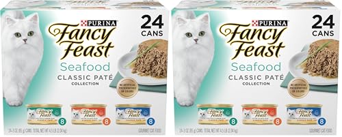 Image of Fancy Feast Purina Seafood Classic Pate Collection Grain Free Wet Cat Food Variety Pack - (Pack of 48) 3 oz. Cans
