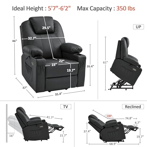 Image of MCombo Large Power Lift Recliner Chair with Massage and Heat for Tall Elderly People, 3 Positions, Cup Holders, and USB Ports, Faux Leather 7516 (Large, Black)
