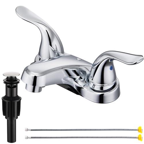 Bathroom Sink Faucets 2/3 Hole,Chrome Plating Dual Handles 4 inch Plastic Plating Over Bathroom Faucet with Pop-up Drain and 2 Supply Hoses for Apartment Rvs Sink Vanity