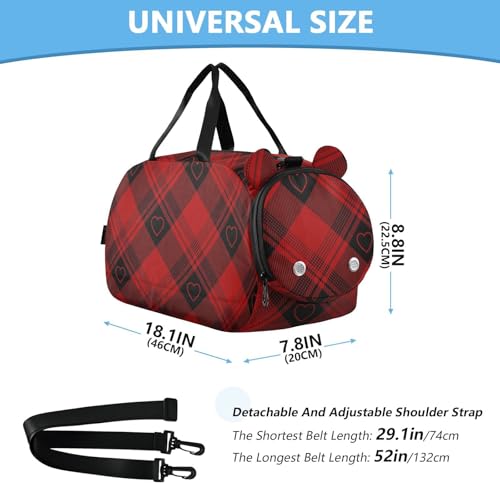 Buffalo Plaid Red Black Hearts Kids Duffel Bag with Shoes Compartment Multifunctional Overnight Weekender Carry On Travel Bag for School Practice, Sports, Travel3