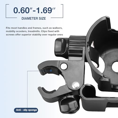 Image of WHLICKS 2-in-1 Walker Cup Holder with Reversible Phone Holder,Fit for Wheelchair, Rollator, Scooter, Bike, Mobility, Camper, Stroller with Sturdy,Rotatable,Adjustable and Anti - Slip Clip