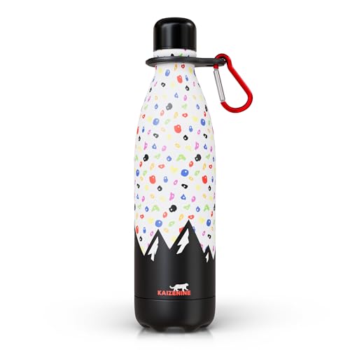 KAIZENINE Edelstahl-Wasserflasche, 500 ml, für Klettern, Sport, isoliert, Camping, Fitnessstudio, Bouldern, Geschenk für Kletterer, auslaufsicher, Karabiner, 24 Stunden kalt, 12 Stunden, heiße