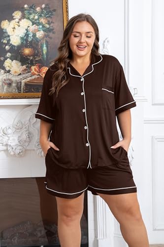 Image of Vozanet Women's Plus Size Button Down Pajamas Soft Lounge Sets Shorts with Pockets Bride Nighty Solid Soft Pjs 1x to 5x