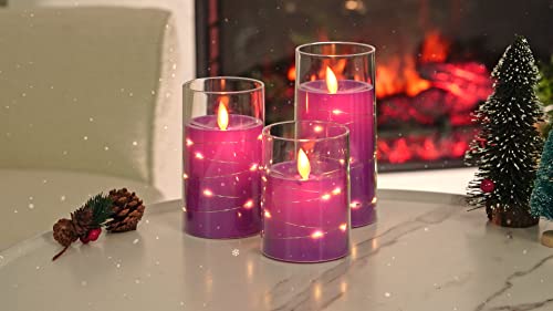 Homemory Flickering Flameless Candles With String Lights, Battery Operated Candles, Embedded String Lights Led Candles, Unbreakable Plexiglass Candles With Remote, Set Of 3, Purple #TOP3