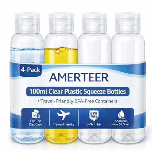 AMERTEER Plastic Travel Bottles 100ml | 4 Pack Empty Clear Squeeze Bottle with Disc Top Flip Cap | Reusable Bottles BPA-Free Container For Shampoo Lotions | Refillable Leak Proof Squeezable Bottles