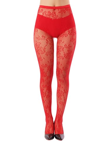Image of Sacina Red Lace Tight, Red Pantyhose for Women, Sheer Fishnet, Flower Stocking, Gothic Accessories