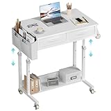 Small White Portable Rolling Standing Desk with Drawers & Storage Shelf, 32 Inch Mobile Stand Up Desk Adjustable Height with Wheels for Home Office, Kids Desks Couch Sofa Side Laptop Craft Table