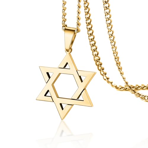 VASSAGO Star of David Pendant Necklace Solomon Six-Pointed Star Talisman Stainless Steel Hexagram Jewish Israel Jewelry for Men (gold)