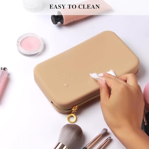 Image of INOVERA (LABEL) Makeup Brush Holder Pouch Case for Travel - Silicone Cosmetic Brushes Kit - Travelling Make up Organizer Bag (Khaki)