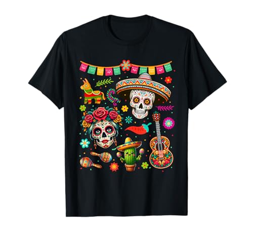 Image of Two Floral Skulls Sombrero Mexican Costume Dia De Los Muerto T-Shirt
