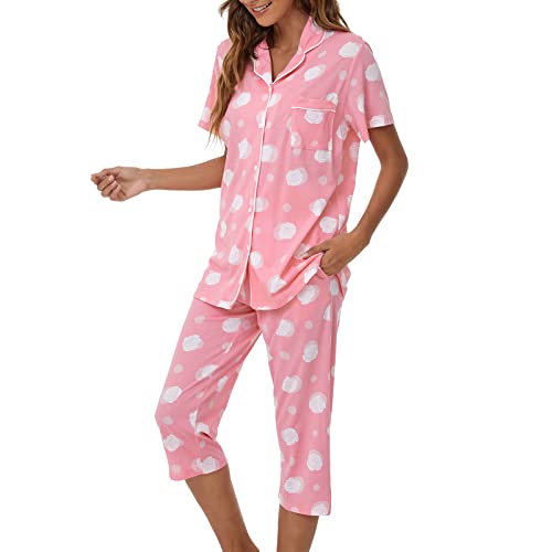 Image of Tugege Capri Pajamas Set Womens Button Down Short Sleeve Lounge Sets Sleepwear Notch Collar Top & Capri 2 Piece PJ Sets