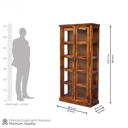 Image of SONA Art & Crafts Wooden Crockery Cabinet with Glass Door | Wooden Book Shelf for Home Library | Bookshelf Crockery Unit for Home & Kitchen Living Room