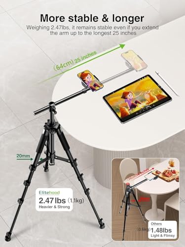 Image of elitehood Phone Tripod for Overhead Video Recording - Updated Horizontal 59-inch Adjustable Tripod for iPhone with 25in Long Extendable Arm, 360 Rotation iPhone Stand Holder for Overhead Recording