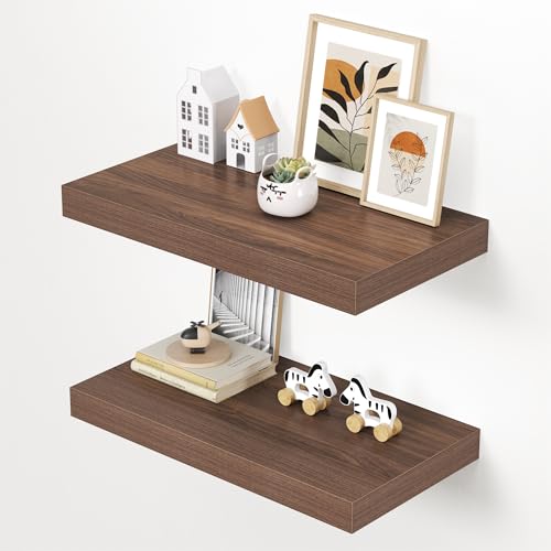 Image of Dreamland 24 inch Floating Shelves for Wall, 12 inch Deep Thicker Walnut Floating Shelves, Wall-Mounted Shelves for Bedroom, Living Room, Kitchen, Bathroom - Set of 2