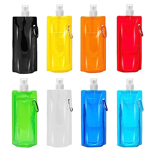 KHDULQ 8pcs Collapsible Water Bottle Plastic Water Bag,Foldable Sports Bottle,Reusable Drinking Water Bottle with Clip for Biking Hiking Travel