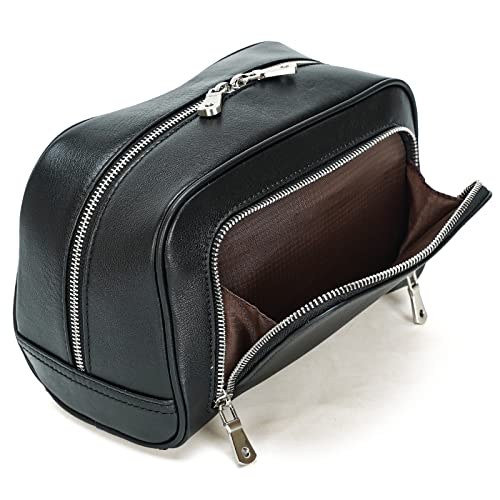 Polare Vintage Calfskin Leather Handmade Travel Toiletry Bag For Men - Dopp Kit - Shaving Kit With Ykk Metal Zippers (Black) #TOP2