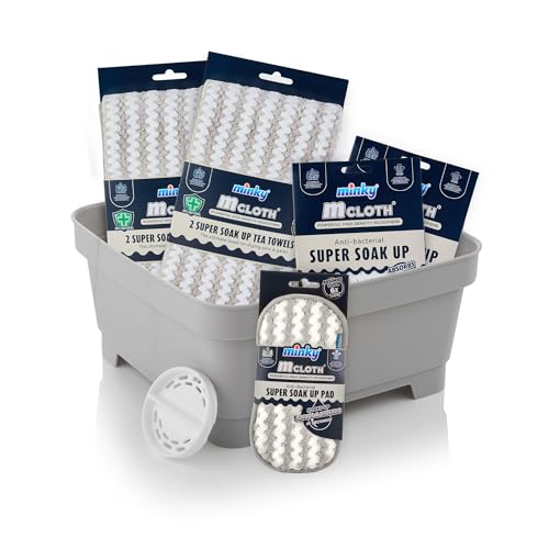 Minky Mcloth Super Soak Up Bundle, Washing Up Bowl, Super Absorbent Microfibre Cloth, Pads and Tea Towels for Kitchen, 5 Cleaning Products, Anti-Bacterial Kitchen Accessories