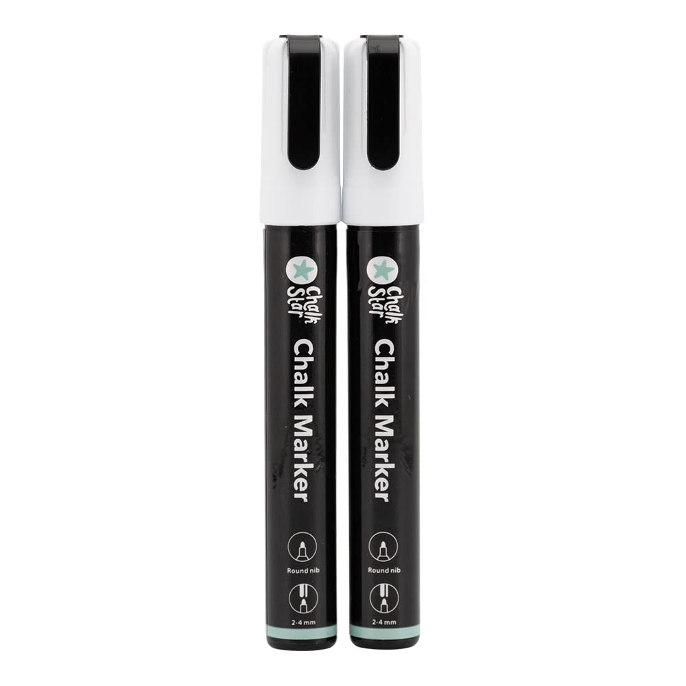 SECURIT Chalk Star 2 szt. pisaki do kredy płynnej białe do tablic, okien, szkła – końcówki okrągłe 2-4 mm