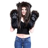FHQHTH Faux Fur Animal Hood 3 in 1 Scarf Gloves Hat with Paws and Ears for Women Furry Wolf Cosplay Costume [Brown Bear]