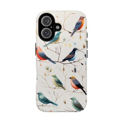 Coque iPhone 16 blanche rigide brillante avec motif oiseaux
