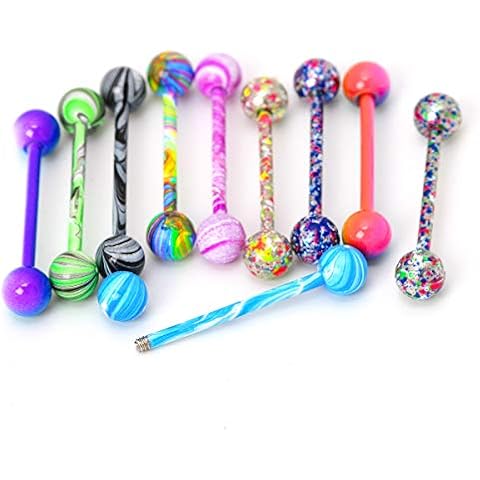 CrazyPiercing 10 Pack 19mm 14G Tongue Rings Colorful Nipple Ring Straight Barbells Surgical Steel Body Piercing Jewelry Cover