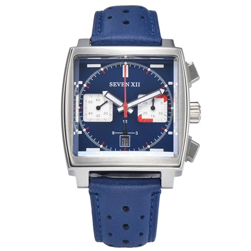 Image of SEVEN XII Square Automatic Chronograph Watch for Men Self Wind Sapphire Crystal Business Classic Luminous Sport Wristwatch with Leather Strap S003, Blue, Modern