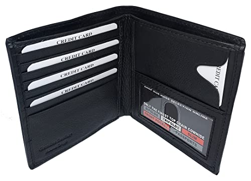 Men's, Genuine Leather, BiFold Wallet With 1 ID Window, 9 Credit Card Slots, 2 Extra Large Hidden Pockets For Extra Storage & Currency Compartment Divided Into 3 Compartments (Black)