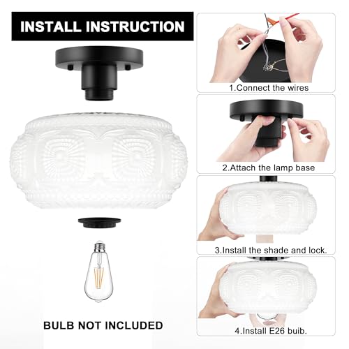 Image of Semi Flush Mount Ceiling Light, Milk Glass Shade Modern Ceiling Light Fixture, Vintage Black Lighting for Hallway Bedroom Entryway Kitchen Porch (Pack of 2)