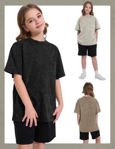 Image of COZYPOIN Unisex Kids Vintage Acid Wash Cotton Tees Crew Neck 3-16Y | 100% Cotton Boys Oversized T Shirt, Crew Neck, Short Sleeve, Front Pocket, Vintage Acid Washed Kids Tees for Boys Girls