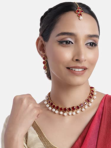Image of Peora Crystal Faux Pearl Kundan Necklace & Jewellery Set Gift for Women