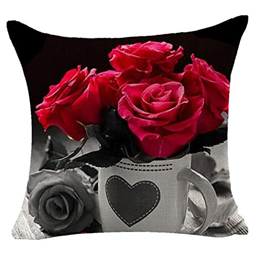 Set Of 4 Flower Red Rose Red And Gray Home Love Best Gift For Friend Family Cotton Linen Square Decorative Throw Pillow Cover Cushion Case Couch For Outdoor Bed Sofa Family Birthday 18X18 Inch (Red2) #TOP4
