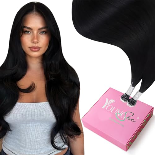 YoungSee Black Nano Ring Hair Extensions Human Hair 24 Inch Nano Beads Hair Extensions Human Hair Jet Black Nanolink Hair Extension Cold Fusion Nano-Tip Hair Extension for Long Hair 50 Strands 50g