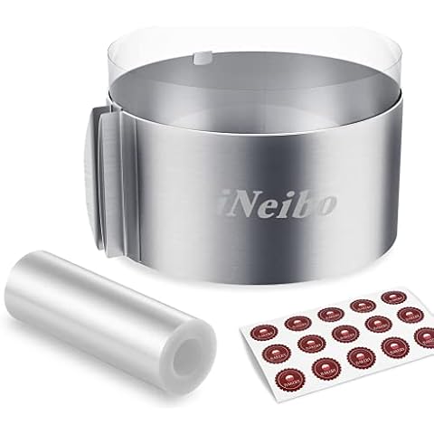 iNeibo Cake Ring and Cake Collar Set, 6 to 12 Inch Adjustable Cake Mousse Mould Set with 6inch Clear Cake Roll, Stainless Steel Pastry Ring, Mousse Ring, Ring Mold for Baking Cover