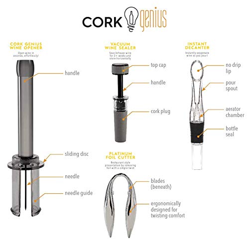 Cork Genius Wine Opener Set (4-Piece) with Wine Accessories - Includes Air Pump Bottle Opener, Bottle-Top Aerator, Wine Foil Cutter, and Vacuum Seal Wine Stopper - Premium Stainless Steel Materials
