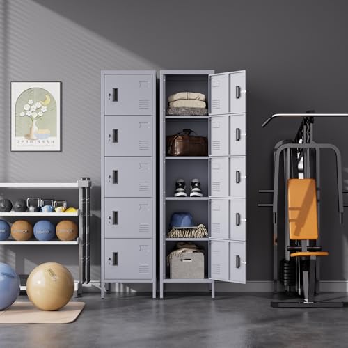 Image of Aobabo 16 inch W 5 Door Metal Storage Locker with Lock, 66 inch H Steel Locker with Name Card Holder and Metal Leg for School, Home, Office, Playroom, Assembly Required, Dark Grey