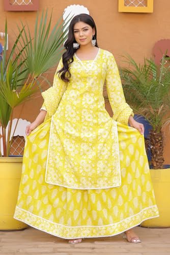 Image of PARTHVI Women's Printed Calf Length Straight Kurta & Skirt With Dupatta Set