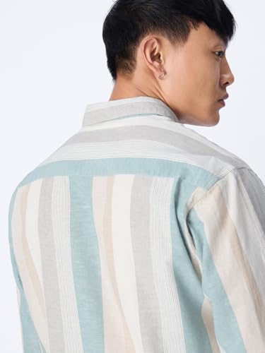 Image of The Souled Store Cotton Linen Stripes: Prism Men and Boys Long Sleeve Collared Neck Button Front Regular Fit Cotton Linen Shirt