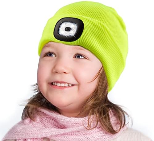 Etsfmoa Unisex LED Beanie with Light,Gifts for Kids Boys and Girls Children USB Rechargeable Headlamp Cap Fluorescent Yellow