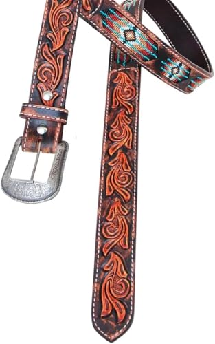 Colorful Designs Cowboy Western Handmade Beaded Men's Leather Belt Quality Thick Durable Wax Style Alloy Classic Fitted Casual Formal Wear in Pant Trouser Jeans Size: Waist 31-34in - Length 39in3