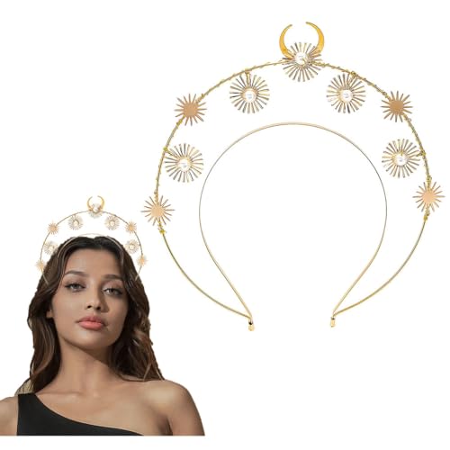 Flayem Cheveux soleil doré avec couronne de déesse cheveux avec couronne de lune pour femme et fille