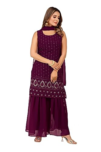 Image of TILKI Women's Embrodery Work Kurti With Sharara And Dupatta Set