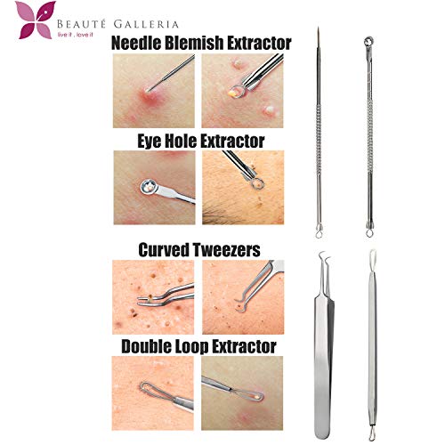 Beaute Galleria 4 Pieces Blackhead Remover Pimple Extractor Popper Bend Curved Tweezers for Acne Comedone Blemish Whitehead Zit Removal Tool Kit with Instructions - Thumbnail 3