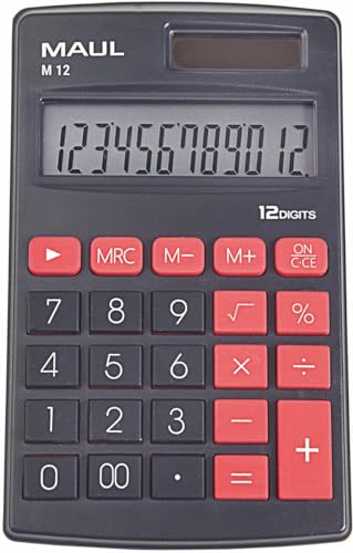 MAUL Taschenrechner M12|Rechner mit großem 12-stelligem Display|Standardfunktionen für Büro, Schule|Funktionstasten farbig|Solarrechner mit Batterienutzung bei Dunkelheit|Schwarz, 11,5x6,9x1,0 cm