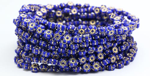 Outlet 10 Grams Hawaiian Flower Beads, 6 x 6 mm, Opaque Blue Gold Lined (33050-54202), Glass, Czech Republic