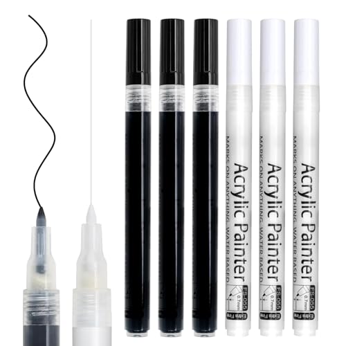 newatty 6 Feutres Acrylique Noir Blanc, 0.7mm Feutres Noirs Blanc Stylo Peinture Marqueurs Peinture pour Pneu Pierres Galets Bois Verre Metal Textile Album...