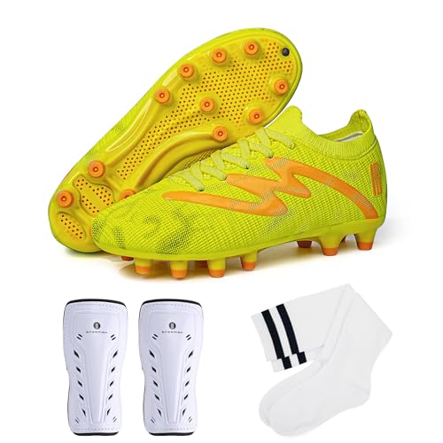 brooman Kids Firm Ground Soccer Cleats Boys Girls Football Shoes with Shin Guards and Soccer Socks (13,Lime)