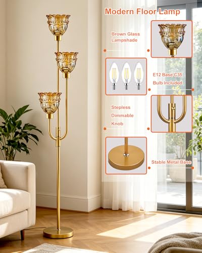 Image of Lightdot 66IN 3-Lights Modern Glass Floor Lamp Gold Dimmable Floor Lamps with 3000K Warm White Bulbs for Wedding Party Tall Standing Lamp with Amber Glass Shade for Living Room /Bedroom /Home Decor